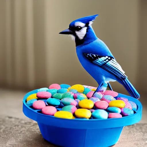 Prompt: A photograph of a (photorealistic blue jay) standing on a large basket of rainbow macarons.