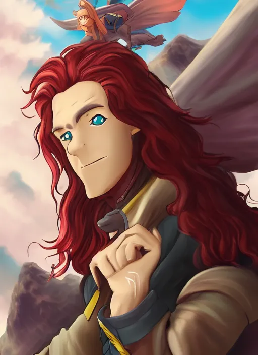 Image similar to An fantasy pokemon anime style portrait of a long haired, red headed male sky-pirate in front of an airship