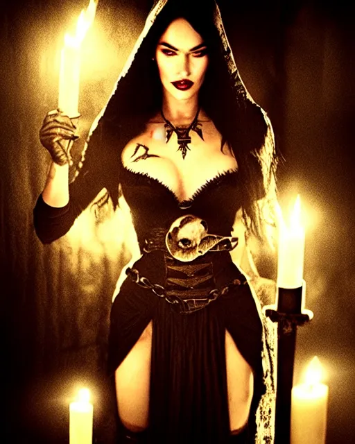 Image similar to megan fox witch queen, black eyes, blood, full body, intricate victorian dress, cinematic lighting, symmetrical eyes, rafael albuquerque, charlie bowater, frank frazetta, moody lighting, candles