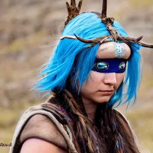 Prompt: A young female shaman, blue hair and antlers on her head. blindfolded, heilung, in the style of Heather