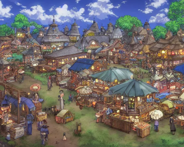 Image similar to busy fantasy village open square with some market stalls, studio ghibli style, hayao miyazaki, award winning photograph, highly detailed, artstation, hd wallpaper