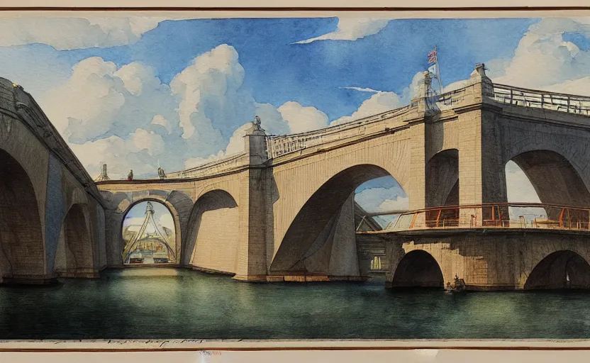 Prompt: city bay bridge aqueduct, colorful watercolor. by rembrant, battle angel alita, ralph mcquarrie, aluminum, 1 6 6 7