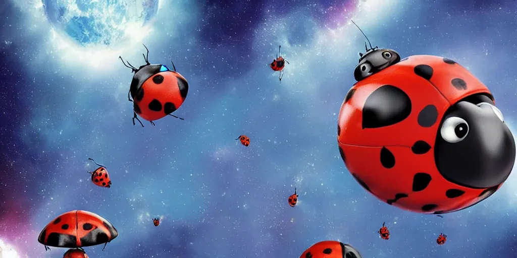 Image similar to a 3 d rendered movie still a ladybug descendant 1 million into the future. the ladybug is sentient, wears a spacesuit, and explores cosmos in a super awesome space ship. science fiction blockbuster movie ladybugs rule the world or my stepmom is a ladybug from the future, imax 7 0 mm. gaurdians of the galaxy.