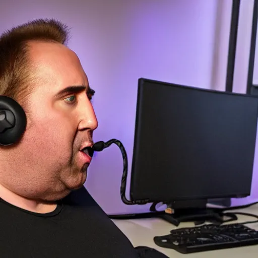 Image similar to obese nicolas cage wearing a headset yelling at his monitor while playing WoW highly detailed wide angle lens 10:9 aspect ration award winning photography