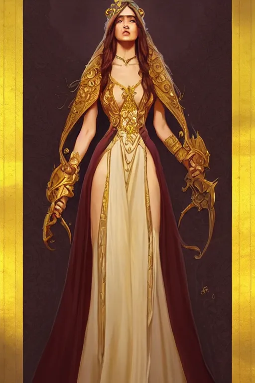 Prompt: beautiful female princess, long dress, full body shot, long hair, d & d, fantasy, intricate, elegant, golden trims, highly detailed, digital painting, artstation, concept art, matte, sharp focus, illustration, hearthstone, art by artgerm and greg rutkowski and alphonse mucha