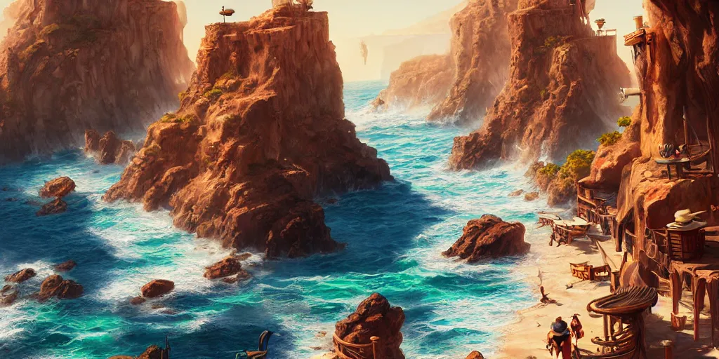 Image similar to an arid mediteranean wild west port town built along a cliff face, bright sun and crashing waves; detailed, best on artstation, cgsociety, wlop, cosmic, epic, stunning, gorgeous, masterpiece