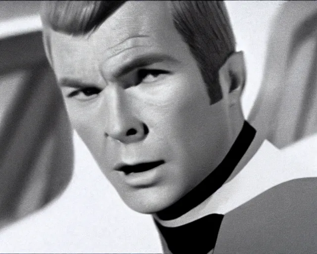 Image similar to film still from star trek, close up macro of james kirk in the transporter bay, octane, 1 9 6 8