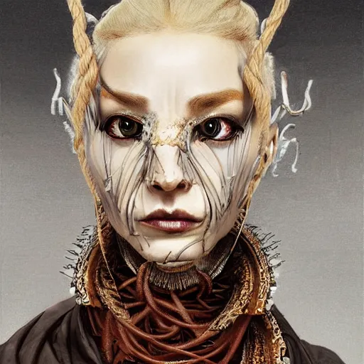 Image similar to portrait of a Shibari rope wrapped face and neck, headshot, insanely nice professional hair style, dramatic hair color, digital painting, of a old 17th century, old cyborg merchant, amber jewels, baroque, ornate clothing, scifi, realistic, hyperdetailed, chiaroscuro, concept art, art by Franz Hals and Jon Foster and Ayami Kojima and Amano and Karol Bak,