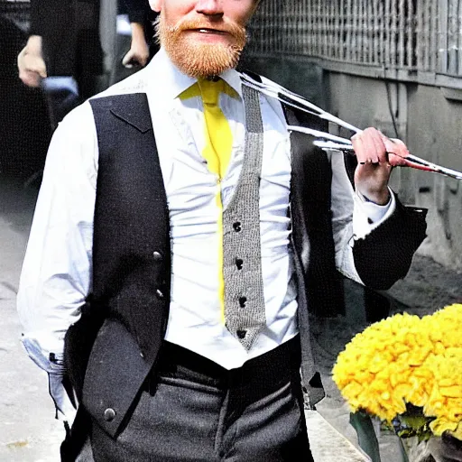 Prompt: clean shaven mcgregor is dressed as a gentleman at early 2 0 th century paris. he is watching an easel. that easel has a canvas on it. ewan mcgregor has a brush on his hand. he is painting a painting. there is a small brown cat with yellow eyes on ewan mcgregors feet. ewan mcgregor ´ s back