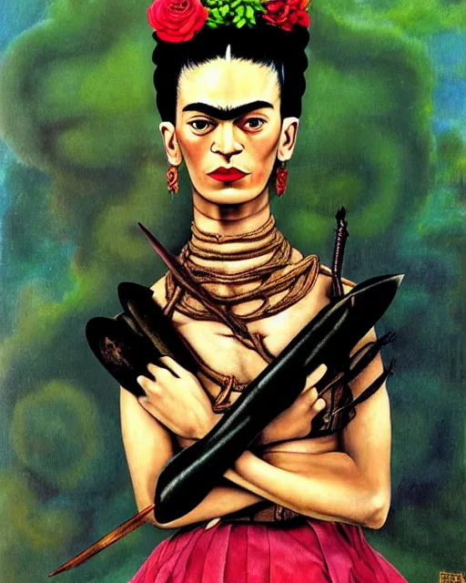 Image similar to portrait of a skinny punk frida kahlo wearing armor by simon bisley, john blance, frank frazetta, fantasy, thief warrior, floral flowers colorful