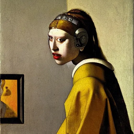 Prompt: a portrait of cyborg princess connected to a brain-machine interface by Johannes Vermeer, renaissance style
