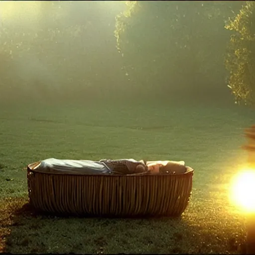 Prompt: a priest sleeping in a twisting wicker coffin, foggy, sun rays, cinematic shot, photo still from movie by denis villeneuve, wayne barlowe