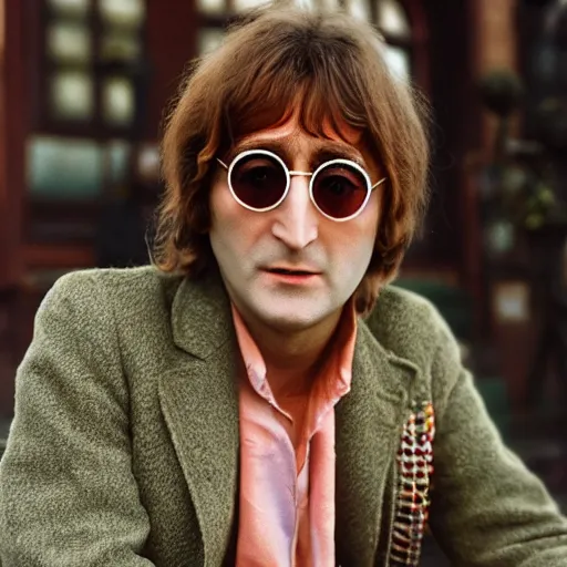 Image similar to John Lennon in a wes Anderson movie, HD, high resolution, hyper realistic, 4k, intricate detail