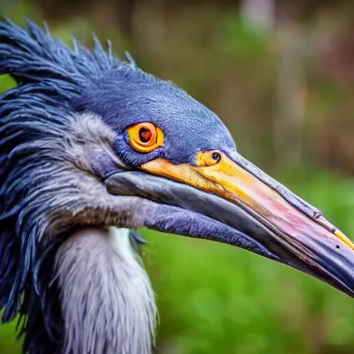 Image similar to shoebill stork and velociraptor hybrid animal, sharp beak, real photo, taken in zoo,