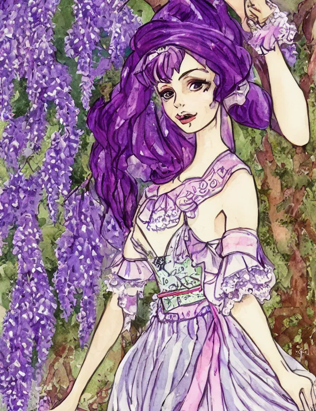 Image similar to middle eastern princess of the wisteria springs, wearing a lolita dress. this heavily stylized watercolor painting by an indie comic artist has an interesting color scheme, plenty of details and impeccable lighting.
