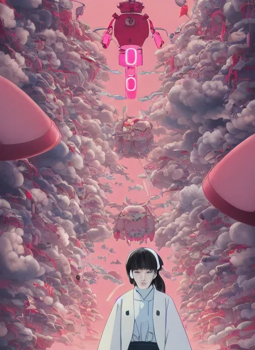 Image similar to Artwork by James Jean, Phil noto and hiyao Miyazaki; a young Japanese future samurai police girl named Yoshimi battles an enormous looming evil natured soft carnivorous pink robot on the streets of Tokyo; Japanese shops and neon signage; crowds of people running; Art work by studio ghibli, Phil noto and James Jean