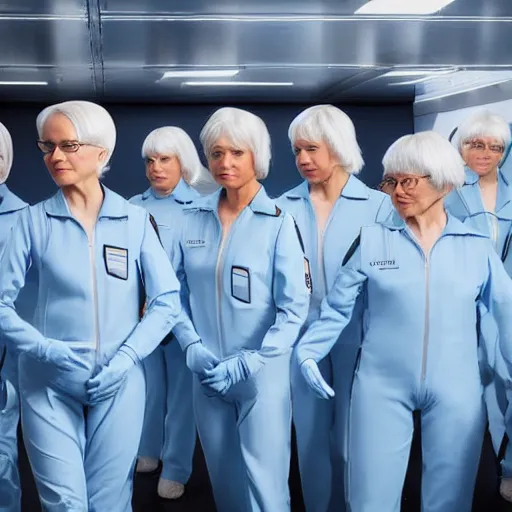 Prompt: troop of grannies with white bob hairdos, tight light blue neopren pilot suits, futuristic cloning facility, sci - fi, highly detailed, cinematic