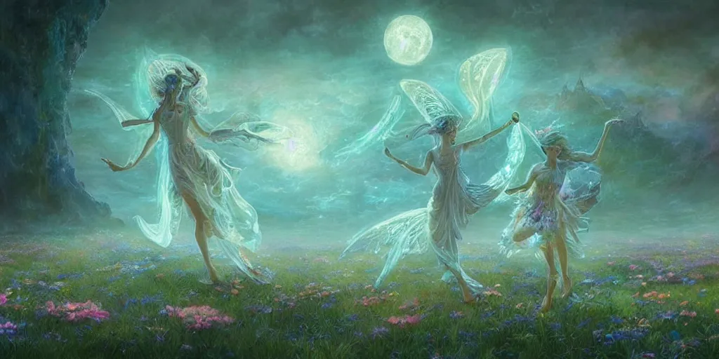 Prompt: concept art of translucent glowing fairies dancing, lovecraftian, renaissance, melting, round moon, rich clouds, moon rocks, large alien flowers, very detailed, volumetric light, mist, fine art, textured oil over canvas, epic fantasy art, very colorful, ornate intricate shiny scales, fractal gems