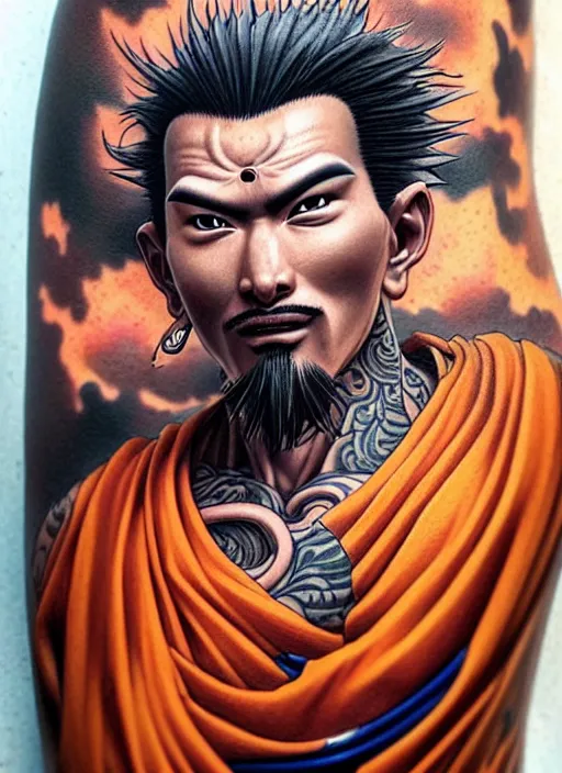 Image similar to highly detailed portrait of sangoku, photographic realistic background, by greg rutkowski, by greg tocchini, by joe fenton, by nikkohurtado, by stevebutchertattoos, by den _ yakovlev, by niki 2 3 gtr, by sivak _, by tonysantos _ tattoo, trending on instagram, award winning details