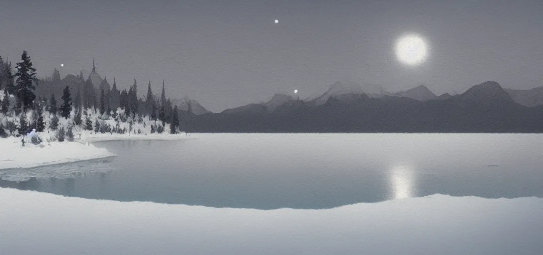 Prompt: lake in a totally white place with a moon in style of greg rutkowski