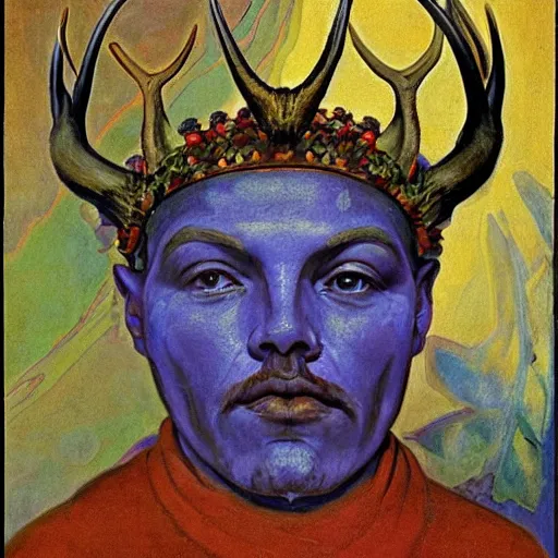 Image similar to the antler crown, by Annie Swynnerton and Nicholas Roerich and Diego Rivera, bioluminescent skin, elaborate costume, geometric ornament, symbolist, cool colors like blue and green and violet, smooth, sharp focus, extremely detailed