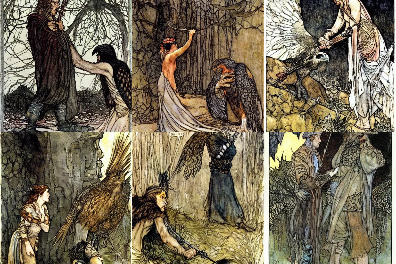 Prompt: the falcon cannot hear the falconer. painting by milo manara and arthur rackham.