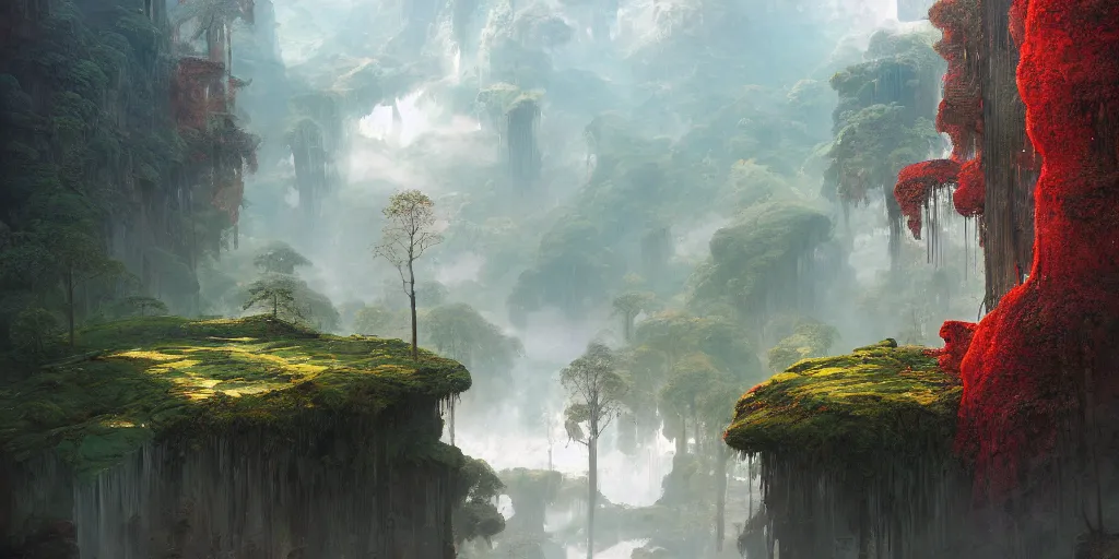 Image similar to beautiful landscape metal forests trees made of metal mountains rivers red and green leaves many layers waterfalls villages castles, buildings artstation illustration sharp focus sunlit vista painted by ruan jia raymond swanland lawrence alma tadema zdzislaw beksinski norman rockwell tom lovell alex malveda greg staples