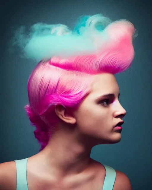 Image similar to a dramatic lighting photo of a beautiful young woman with cotton candy hair. with a little bit of cyan and pink