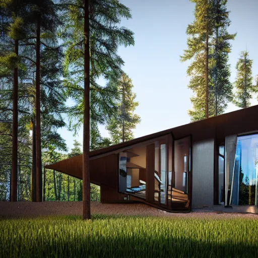 Image similar to a modern house in the woods. the house is the shape of a mobius strip with large picture windows. there are pine trees all around. digital art, 3 d render.