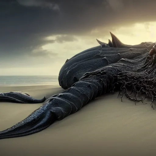Prompt: stunning cinematic wide shot of a beautiful slick sea monster wearing clothes of kelp on a white sand beach, hands grasping large fulgurites. well designed perfect with slick led eyes, sharp claws, cgsociety, hd octane render, fantasy, furry art, artstation, deviantart, furaffinity, very very clean