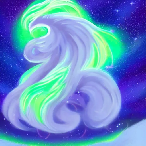 Image similar to Alolan Ninetales shiny, standing on an snowy hill with an aurora borealis in the night sky