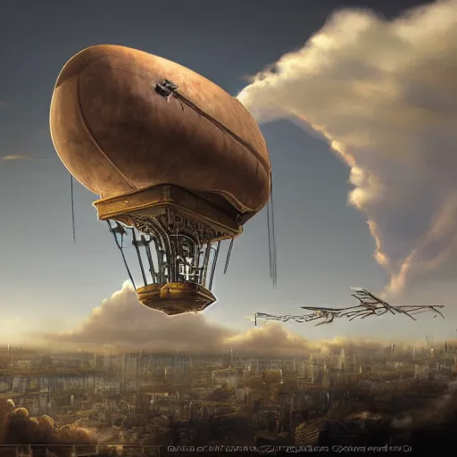 Image similar to A steampunk airship flying through the clouds towards a towards a steampunk city