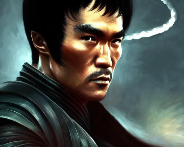 Image similar to a gaming screenshot still portrait of bruce lee in mortal kombat, deep focus, d & d, fantasy, intricate, elegant, highly detailed, digital painting, artstation, concept art, matte, sharp focus, illustration, dark fantasy style art, hearthstone, art by artgerm and greg rutkowski and alphonse mucha