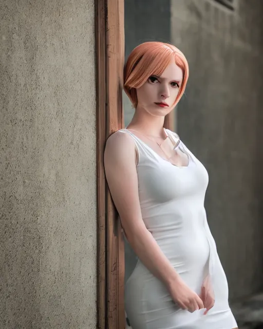 Image similar to 2 8 mm portrait of cute emily skinner cosplaying annie leonhart wearing tight white dress, wearing open toe heels, pale skin, cinematic lighting, sharp focus, backlit, stunning, smooth, hard focus, glamour pose, full body shot, octane 8 k, rtx, hdr