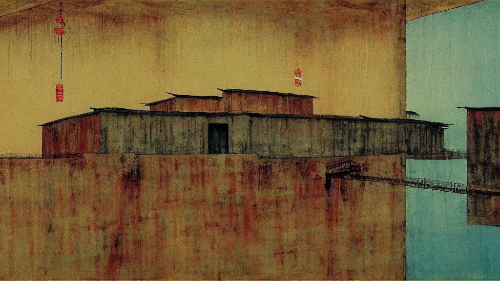 Image similar to a chinese prison near a river by peter doig, muted colors