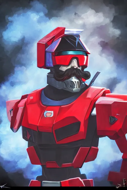 Image similar to drdisrespect as a gundam, huge mustache, 4 k, hd 2 0 2 2 3 d cgi rtx hdr style chrome reflexion glow fanart, global illumination ray tracing hdr fanart arstation by ian pesty by jesper ejsing unreal zbrush central hardmesh