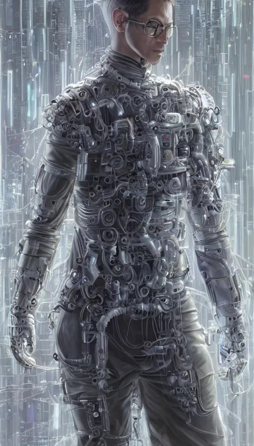 Image similar to full body head to toe portrait of a cyberpunk sci-fi cyborg netrunner bionic man, third person, D&D, sci-fi fantasy, matrix , intricate, white with shiny silver and chartruse fringe highlights, highly detailed, art by Range Murata, highly detailed, 3d, octane render, bright colors, digital painting, trending on artstation, sharp focus, illustration style of Stanley Artgerm, dramatic background