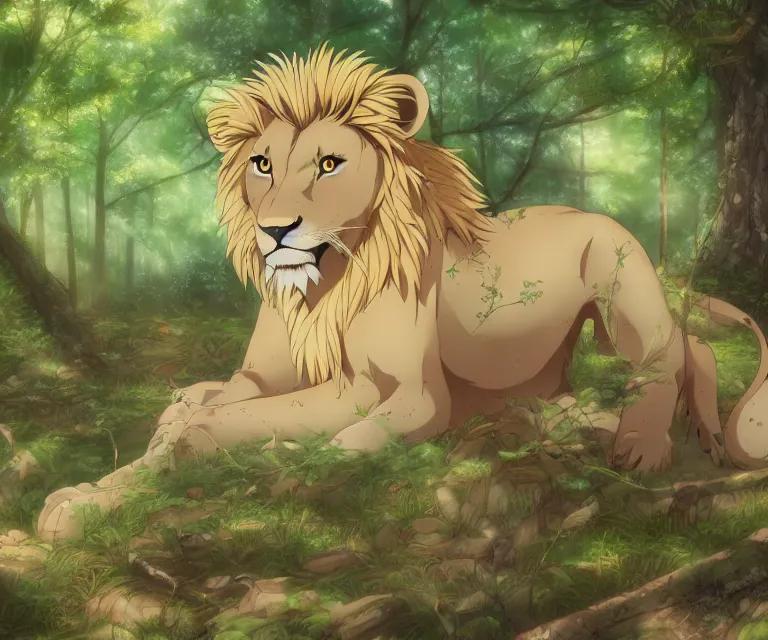 Image similar to lion in a forest, anime fantasy illustration by tomoyuki yamasaki, kyoto studio, madhouse, ufotable, comixwave films, trending on artstation