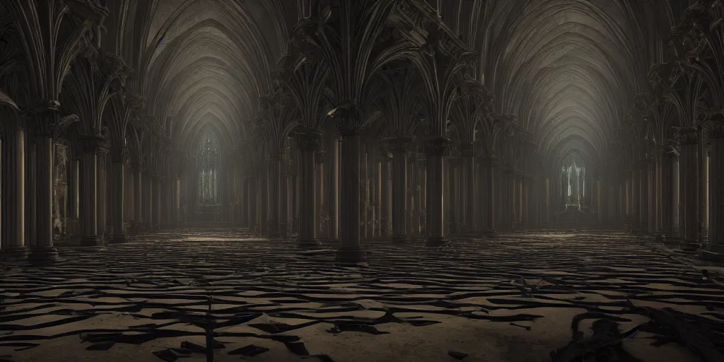 Image similar to cinematic movie scene, 2 0 0 mm wide shot, precise architectural rendering, interior of a dark gloomy catherdal made from bones skulls skin and wires, gothic architecture, detailed illustration, moody atmospheric lightng sharp focus, concept art, unreal engine, octane render, god rays h 7 6 8