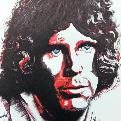 Image similar to Jim Morrison, The Doors, 1970's, Detailed, Mixed Media, Cream paper, black, red, cyan, DeviantArt