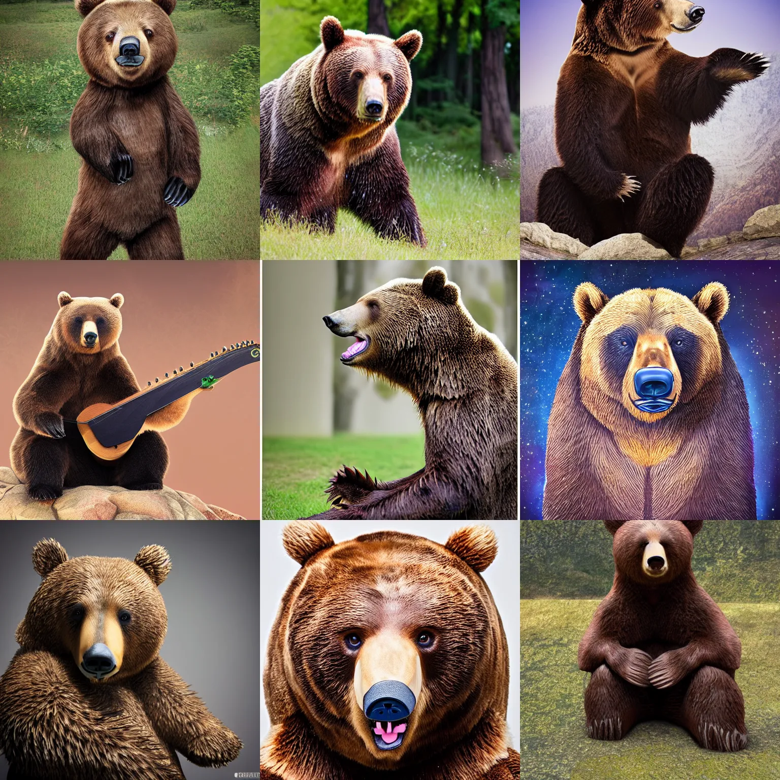 Prompt: realistic bear playing angularly setar, photo portrait