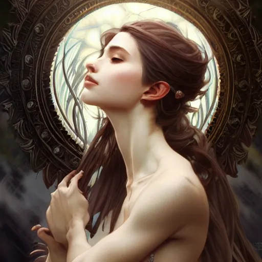 Prompt: beautiful portrait of wolf, natural, fantasy, intricate, elegant, highly detailed, digital painting, artstation, concept art, smooth, sharp focus, illustration, art by artgerm and greg rutkowski and alphonse mucha