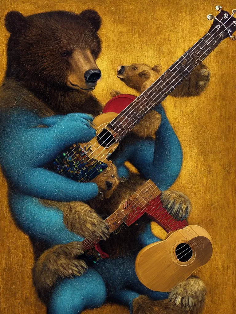 Prompt: A majestic portrait of a realistic bear playing ukulele, by titian, Tom Bagshaw, Sam Spratt, maxfield parrish, gustav klimt, high detail, 8k, underwater light rays, intricate, royalty, vibrant iridescent colors, art nouveau, yellow navy teal red and gold, symmetrical, large motifs, concept art, sharp focus, digital art, Hyper-realistic, perfect symmetry, karim rashid, Marc Newson, 4K, Unreal Engine, Highly Detailed, HD, Dramatic Lighting by Brom, trending on Artstation, photorealistic, masterpiece, smooth gradients, no blur, sharp focus,insanely detailed and intricate, cinematic lighting, Octane render, epic scene, 8K