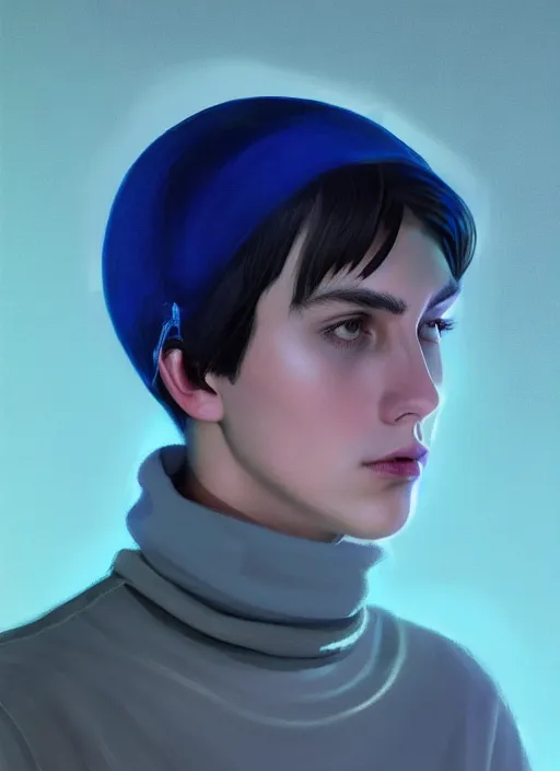 Image similar to portrait of teenage jughead jones wearing a light grey crown, crown, blue turtleneck, closed eyes, photorealistic, black hair, glowing lighting, intricate, elegant, glowing lights, highly detailed, digital painting, artstation, concept art, smooth, sharp focus, illustration, art by wlop, mars ravelo and greg rutkowski