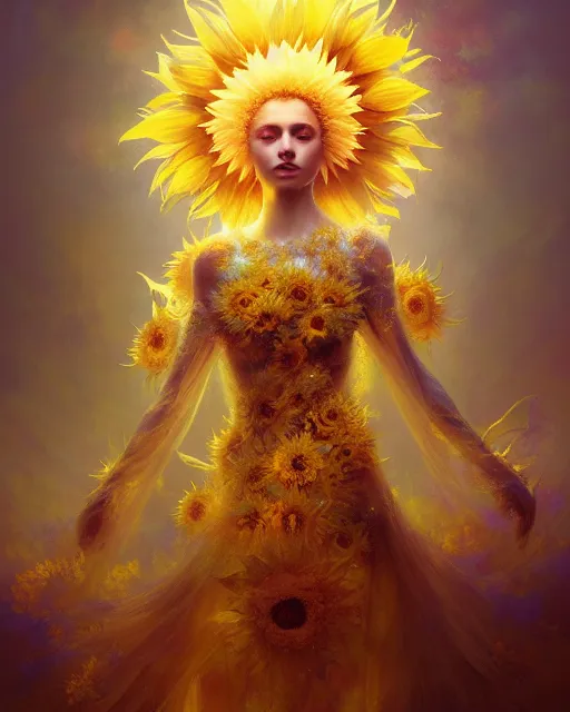 Image similar to Full View Portrait Mystical ethereal sunflower deity wearing beautiful dress, sunflower Dryad beautiful dress, 4k digital masterpiece by Greg Rutkowski and Ruan Jia and rossdraws, Alberto Seveso, fantasycore, Hyperdetailed, realistic oil on linen, soft lighting, Iconography background, featured on Artstation