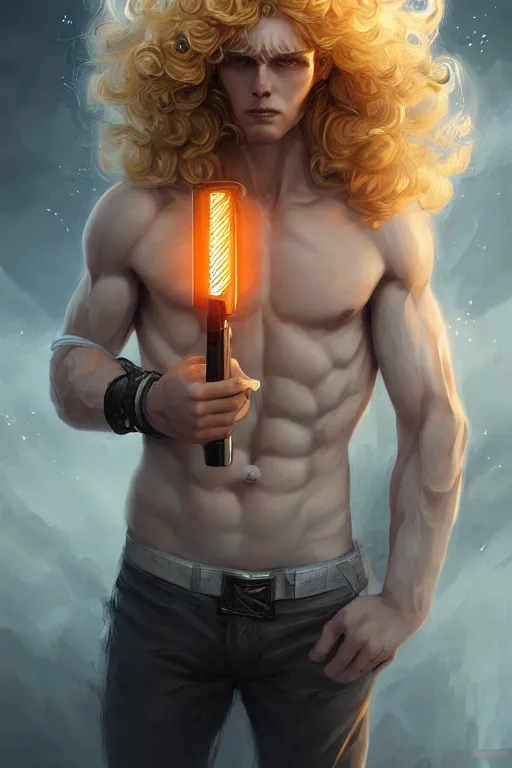 Image similar to digital art of a pale menacing male Cyborg Angel of Battle with fluffy blond curls of hair and piercing eyes, central composition, he commands the fiery power of resonance and wrath, very very long blond curly hair, baroque curls, by WLOP, Artstation, CGsociety