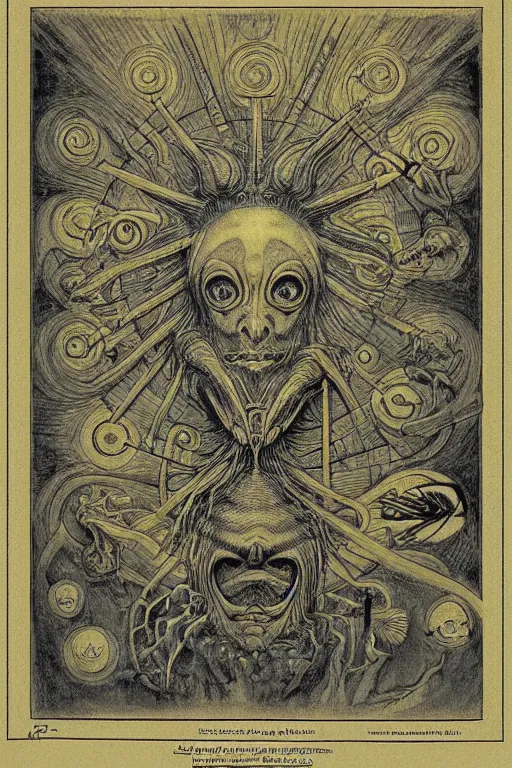 Prompt: occult diagram of happy fish in the style of wayne barlowe, gustav moreau, goward,  Gaston Bussiere and roberto ferri, santiago caruso, and austin osman spare