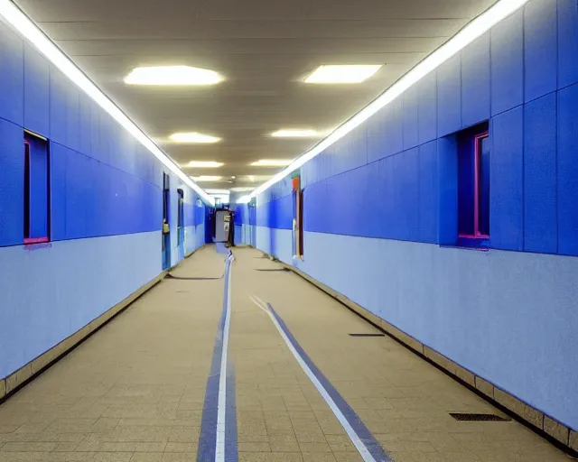 Image similar to a school corridor at night, night time, after hours, low light, blue, color