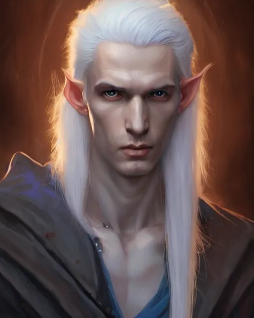 Image similar to character portrait of a slender young half elven man with white hair, piercing bright blue eyes, and pale bluish skin, by greg rutkowski, mark brookes, jim burns, tom bagshaw, trending on artstation