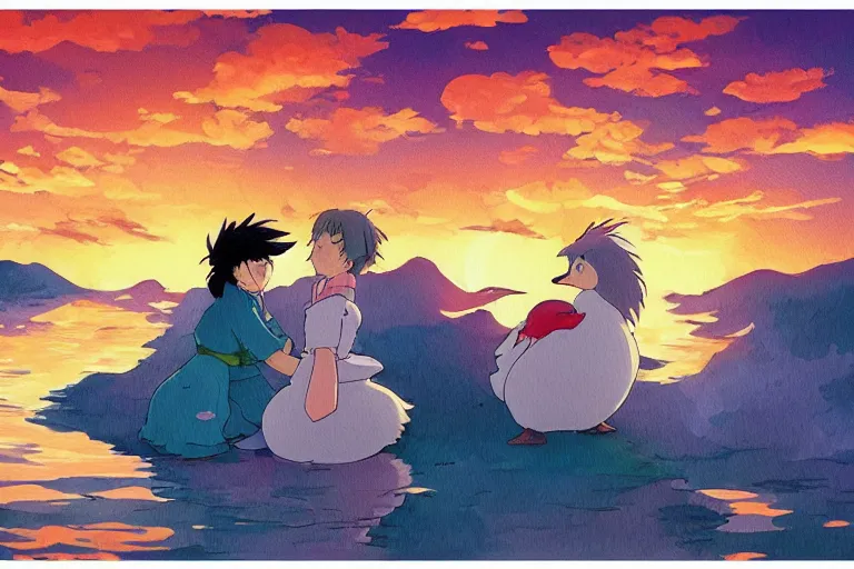 Image similar to a bright cute studio ghibli painting of an anime duck hugging a woman, beautiful sunset over the water, in the style of studio ghibli, highly detailed, 4K, smooth, trending on artstation, japanese, sumi-e
